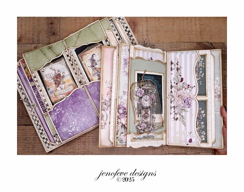 May include: An open, multi-layered scrapbook with a vintage aesthetic. The pages feature floral designs, purple accents, and decorative frames. The scrapbook includes a clock-themed tag and illustrations. The text "jenefeve designs &copy;2025" is visible.
