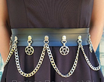 Witches in 1706 vegan leather statement belt. Petite, plus size, inverted pentacle pentagram chain belt goth witchcraft rock cruelty free