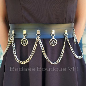 Witches in 1706 vegan leather statement belt. Petite, plus size, inverted pentacle pentagram chain belt goth witchcraft rock cruelty free