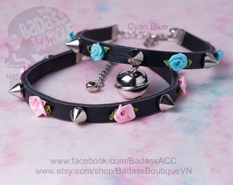 Love garden - Ribbon rose spike Kitty bell black vegan leather choker. Cosplay cat neko lover halloween jingle bell choker collar punk rock.