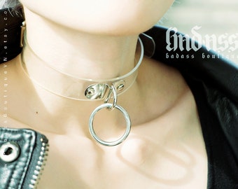 Rough Love - Vinyl O Ring Choker, collar. Buckle closure. Light ivory vinyl. Silver heart o ring punk rock slave master neko fetish hardcore