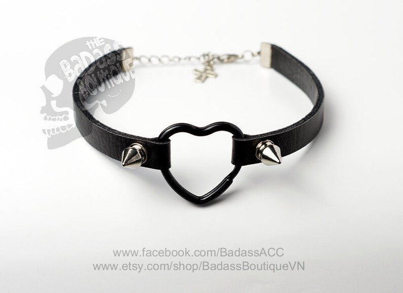 Black faux vegan leather black heart ring straps stainless steel spikes studs choker collar - sexy rock punk lolita cosplay 