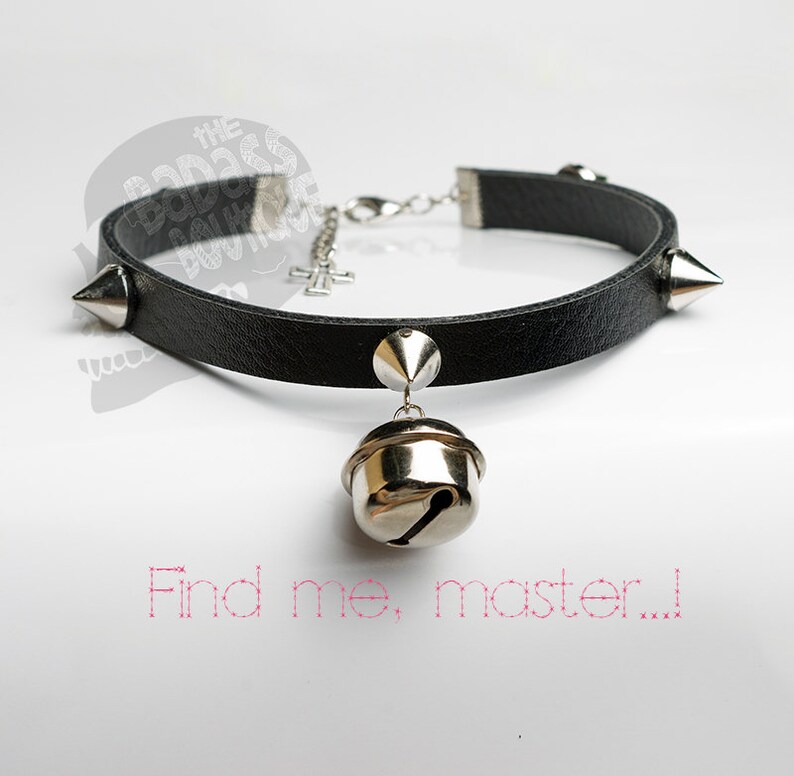 Kitty face Kitty bell spike black faux leather choker. Cosplay cat lover halloween outfit cat neko fetish slave master sexy waifu rock. image 1