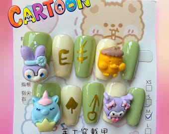 Unghie finte a forma di cartone animato 3D fatte a mano, taglia M, nail art in acrilico