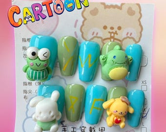 3D Cartoon Charakter Press On Nägel, Kawaii Bunte Nagelkunst (Größe M)