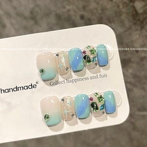 ring nails/Size S short blue rhinestone nails/ press on nails/ handmade nails perfect for daily wear/gift for her/last pair