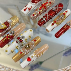 Luxury Red Bling Press On Nails: Rhinestone Party Nails