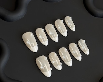 Handmade Pearl White French Tip Press On Nails: Bridal Wedding Gel Nails