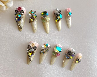 Size M yellow and pink  3D Floral Press On Nails: Y2k Luxury Nailbox