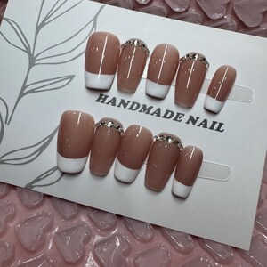 French Tip Press On Nails: Size S, Rhinestone Accent