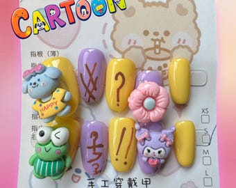 Unghie finte fatte a mano con personaggi dei cartoni animati in 3D, stile kawaii coreano, taglia S
