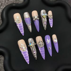 Luxury custom nails/ free style/long nails/party nails/cute nails/french tip nails/trendy nails/purple nails/ coquette nails/ pink nail