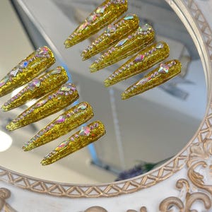 Luxury Yellow & Clear Press-On Nails with 3D Jewels, Silver Diamonds and  Accents Handmade for Weddings, festival, Special Occasions