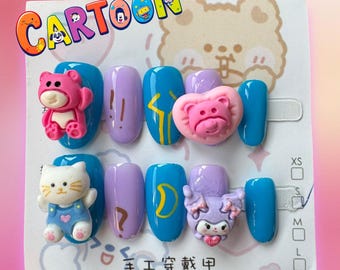Uñas acrílicas coloridas hechas a mano con dibujos animados en 3D
