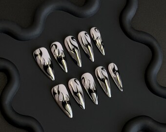Handmade Silver Flame Press On Nails: Chrome French Tip
