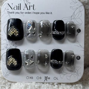 Size M Press On Nails: Black & Silver Rhinestone Nail Art