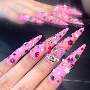 Luxury custom nails/free style/ long nails/ pink bling nails/ rhinestones nails/ sparkly nails/ party nails/pink glitter nails/ fancy nails