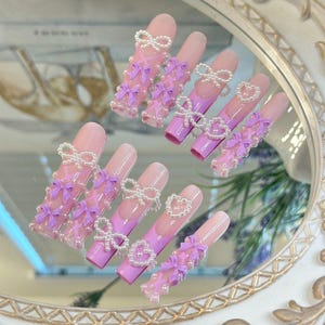 Luxury custom nails/ free style/long nails/party nails/cute nails/french tip nails/trendy nails/purple nails/ coquette nails/ pink nail
