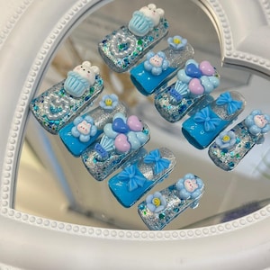 Super Cute Duck Press-On Nails with Rhinestone, Sparkles, 3D Embellished Glitter Handmade Nail, Gel Nails, Glue on Nail, Gift for Her