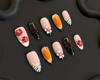 Uñas postizas con flores hawaianas hechas a mano: punta francesa ombré con adornos florales