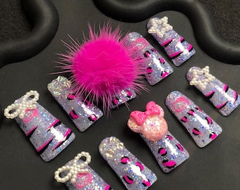 Uñas de gel con purpurina 3D y diamantes de imitación hechas a mano con diseño de pato