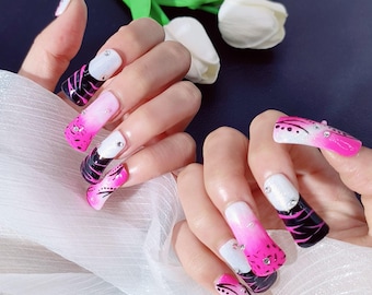 Uñas postizas de pato 3D hechas a mano: uñas de gel con purpurina y diamantes de imitación