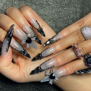 rhinestone  stiletto Charm Nails, Y2k 3D Gel Press On Nails, Custom Nails Luxury, black rhinestone French Press On Nails, Premium Nail Gifts