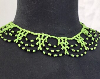 African collar necklace / African beaded necklace / green and black glass beads