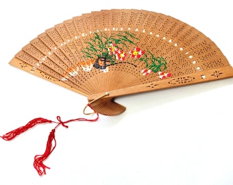 Hand-painted Sandalwood fan in box, flower pattern fan, vintage carved Chinese hand fan, folding fan