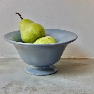 May include: A pale blue ceramic fruit bowl on a pedestal base, containing two green pears. The pears have a textured skin and brown stalks. The bowl sits on a grey surface against a white wall.