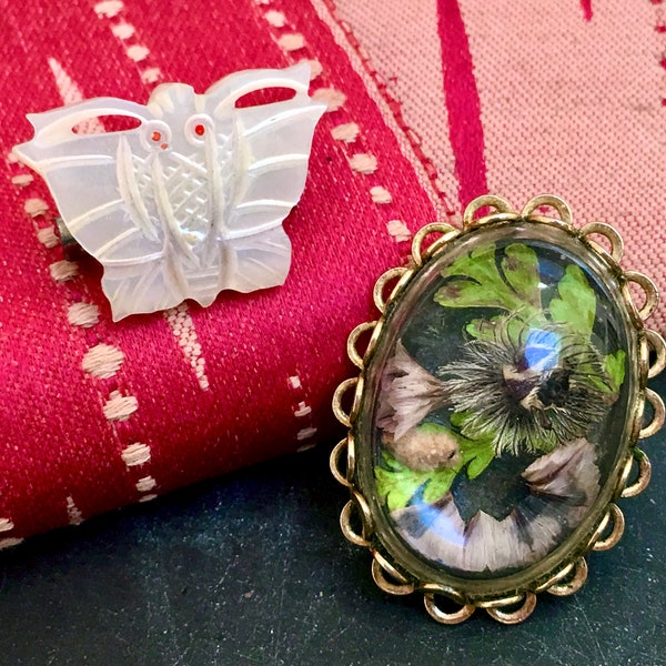 Butterfly and flower petal brooch / two brooches / vintage mother of pearl brooch