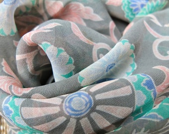 Woman's Cacharel scarf, silk large square scarf, designer scarf, Mother's Day, grey, green, pink, blue, flower pattern