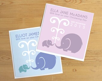 Elephant Christening Card - Personalised in blue or pink