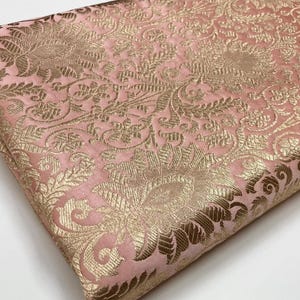 Peach Gold Brocade Fabric: Indian Damask Art Silk Home Decor