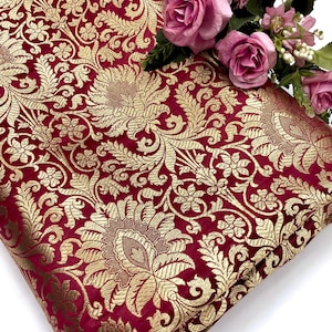 Indian Brocade Fabric Red Gold Jacquard Dress Brocade fabric Premium Brocade fabric Home furnishing fabric Fashion Fabric by the yard