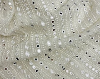 50%SALE Off White Georgette Bridal Fabric, Mirror Embroidered Fabric, Luxury Fabric, Gown Fabric, SIZE, Cut in a Continuous Length-NF485