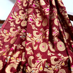 Banarasi Brocade Fabric Maroon Gold Jacquard Brocade Fabric Floral brocade Wedding Indian Dress brocade Fabric by the yard/ Meter - NFAF411