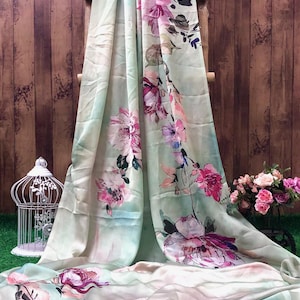 Floral Print Silk Crepe Fabric: Green Satin Sarong