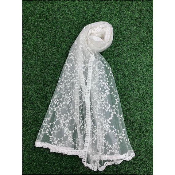 ホワイトチュール刺繍ブライダルストール：ウェディングサリードレープ