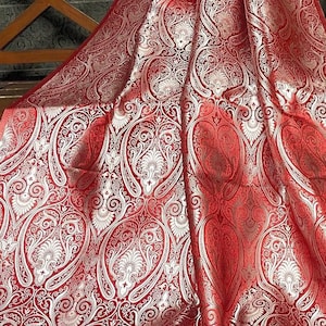 Banarasi brocade fabric Red Silver Paisley brocade Wedding Dress Rayon Silk Brocade Home décor fabric Lace brocade by the yard - NFAF399
