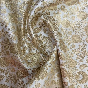 White Gold Brocade fabric by the yard/meter, Jacquard damask fabric, Wedding bridal fabric, Banarasi brocade, satin silk brocade- NFAF778