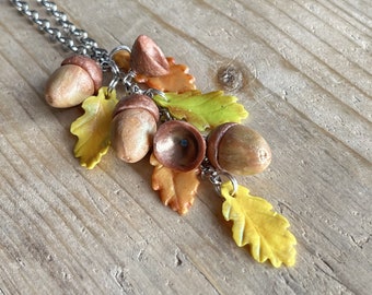 Acorn and Oak leaf necklace. Long necklace, handmade autumn fall necklace