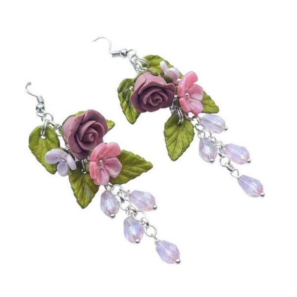Rose Earrings, Dusky pink, long, Handmade, polymer clay,  Optional clip ons, Sterling silver