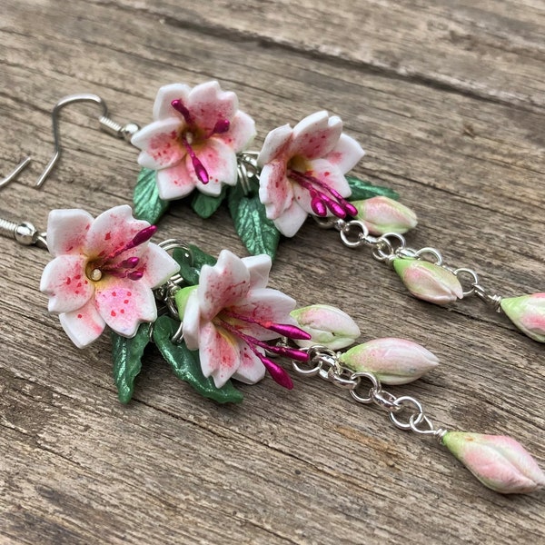 Lily earrings, long, pink, tiger lily, flower, Sterling Silver, handmade, clip ons available