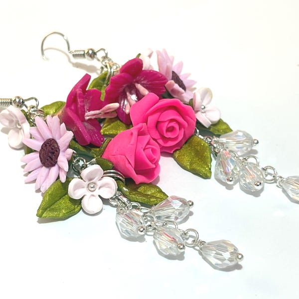 Lily, Rose & Daisy Earrings, handmade summer pink, Long, Optional clip ons, Sterling silver