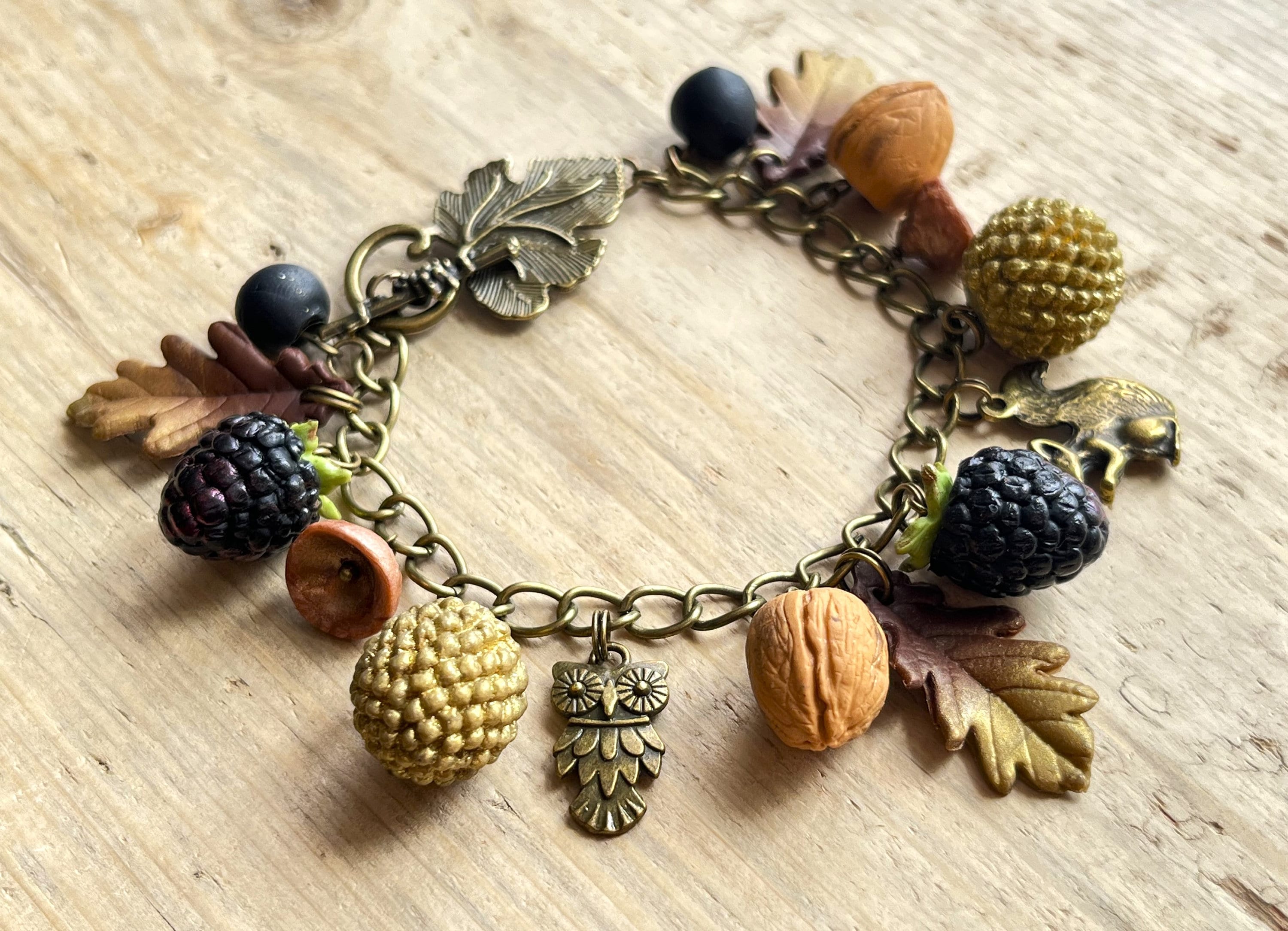 Squirrel bracelet blackberry, nuts, owl, walnut. Autumn, fall, animal bracelet, handmade, polymer cl