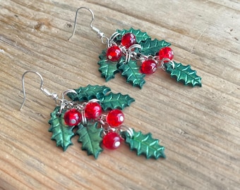 Holly earrings, handmade, polymer clay, Sterling silver and clip on options