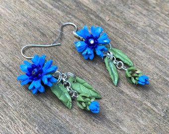 Cornflower earrings, handmade, Sterling silver and clip ons available