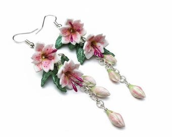 Lily earrings, long, pink, tiger lily, flower, Sterling Silver, handmade, clip ons available