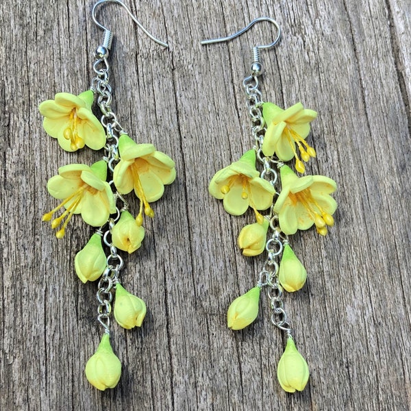 Freesia earrings, yellow, flower, Sterling Silver, handmade, clip ons available